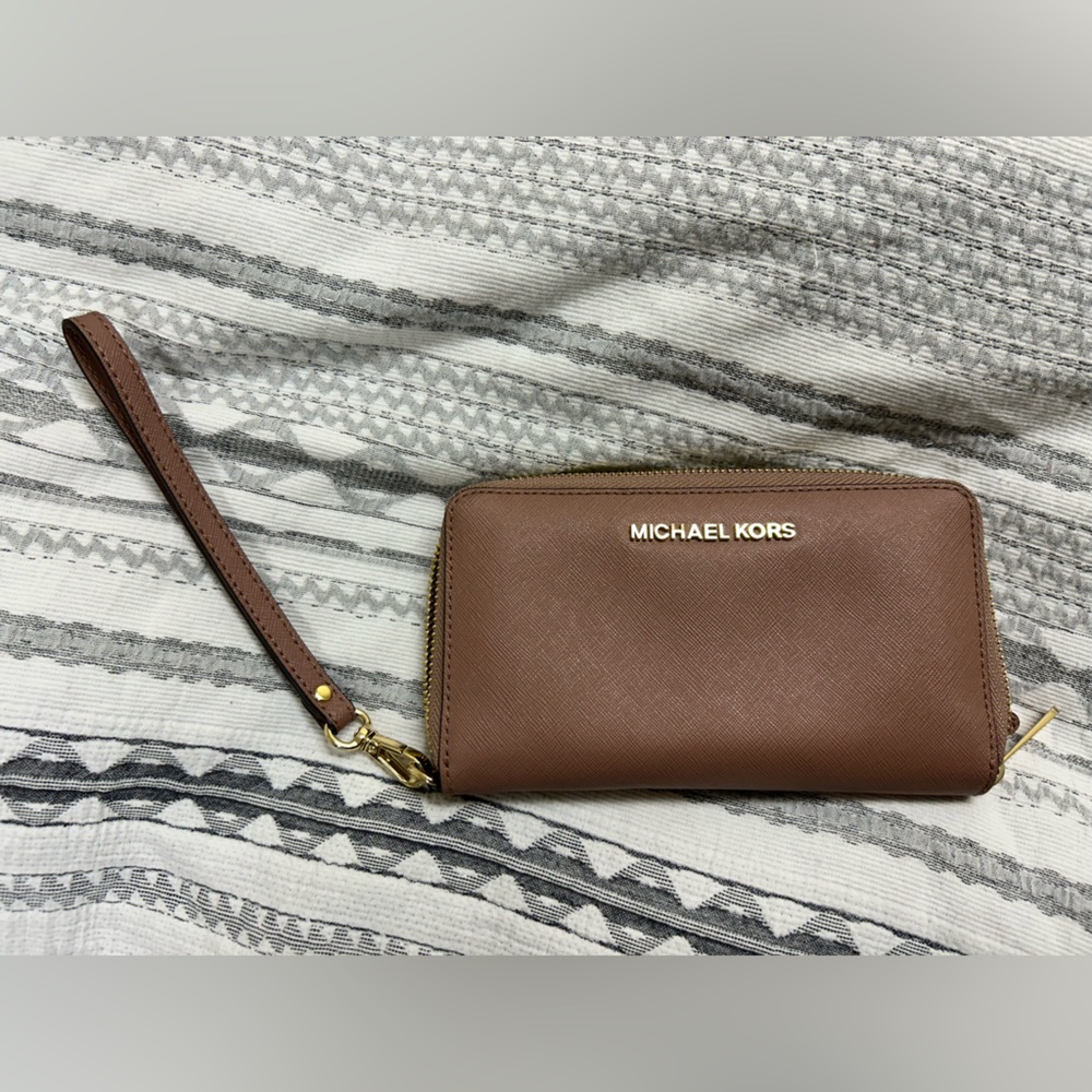 Michael Kors Tan Wristlet with Gold Accents